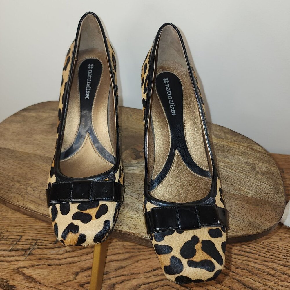 Naturalizer Faux Leopard Hair Black Bow Comfort Heels-Size 8.5
